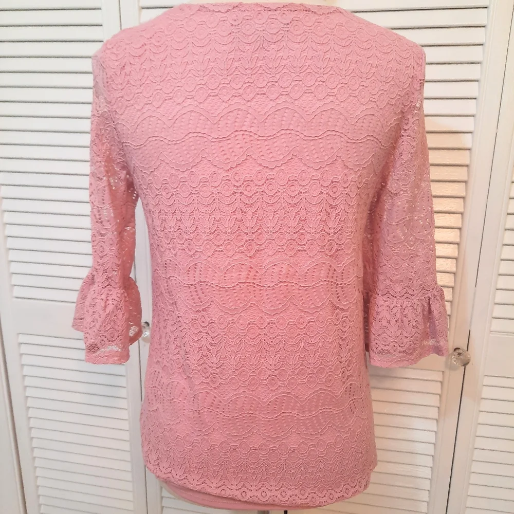 Adrianna papell pink lace bell sleeve top blouse sz small *D3 - Picture 4 of 8